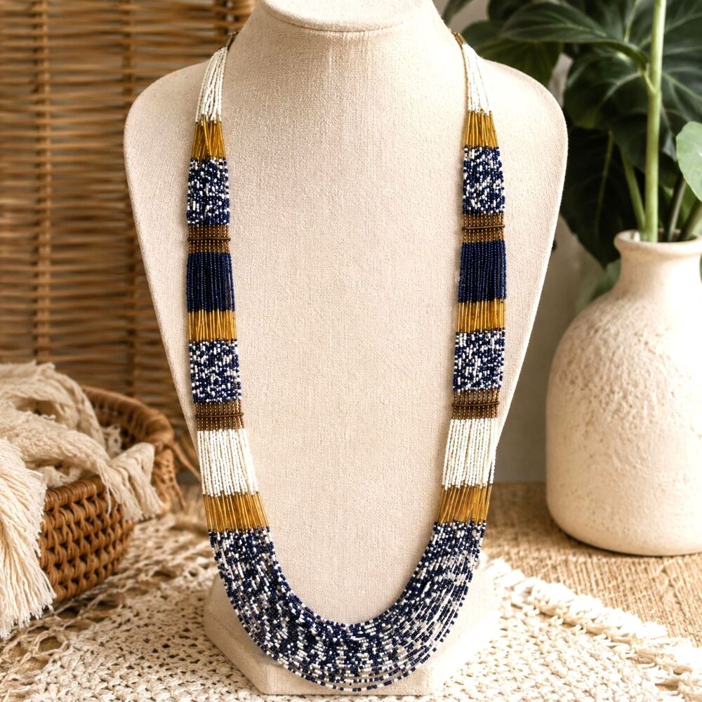 Vintage Boho Black Gold White Seed Bead Multi Strand Statement Necklace